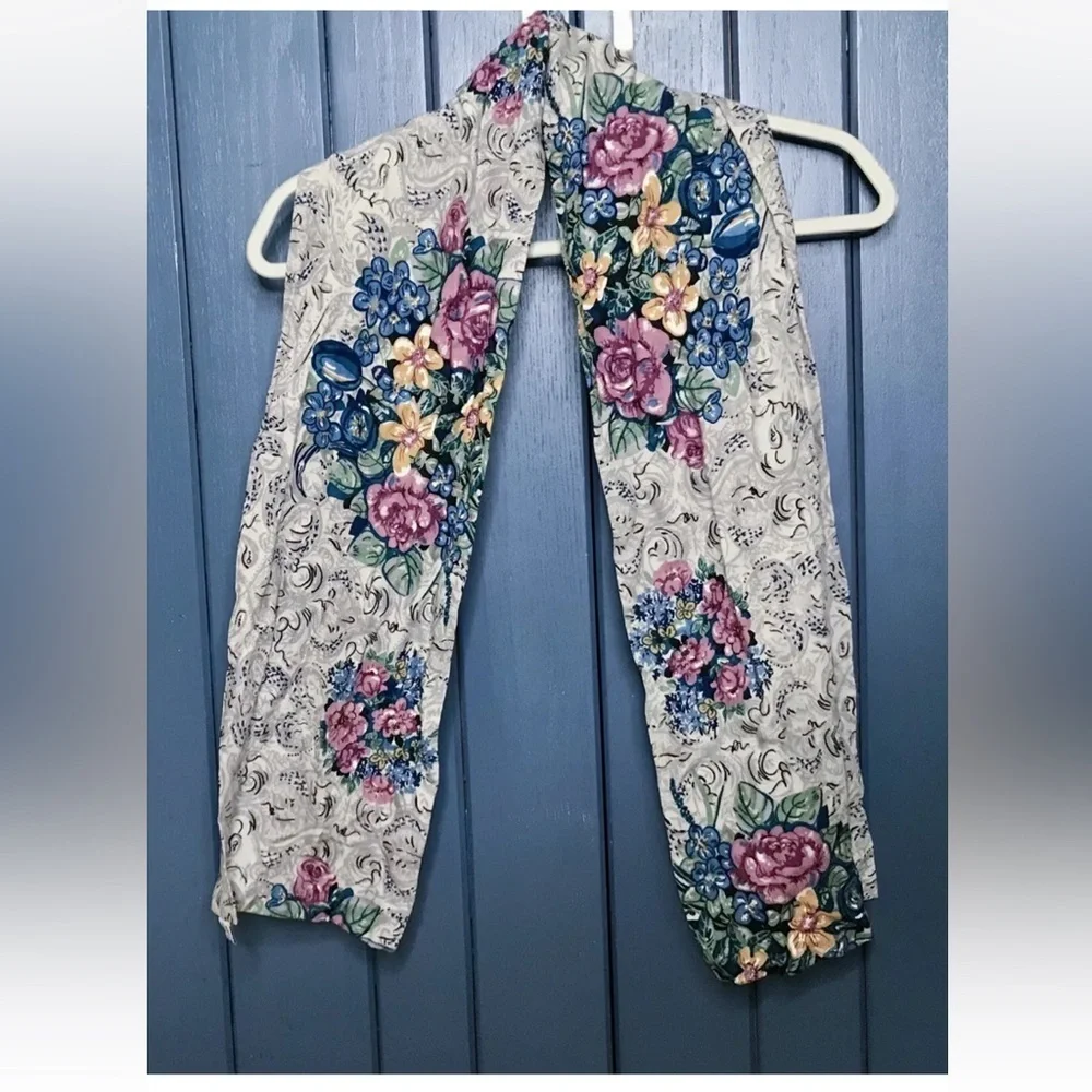 Floral Bouquet Rayon Scarf Pink Blue Yellow Flowers Poland Cottage Core Romance